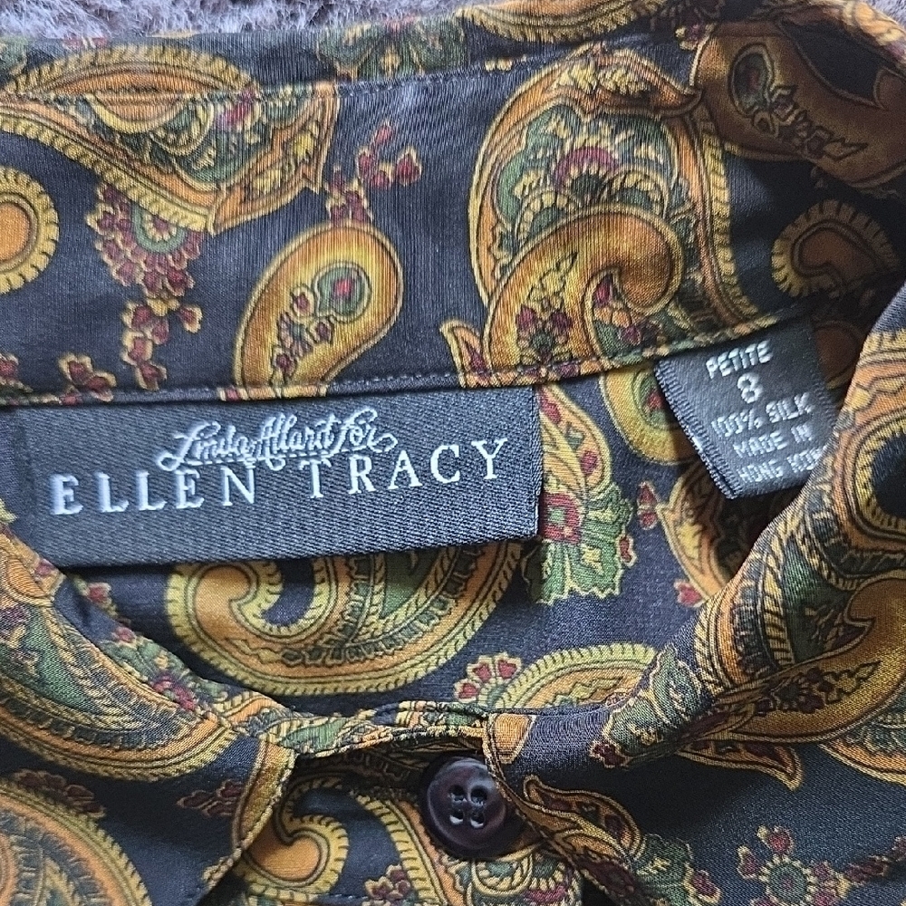 VTG Ellen Tracy Navy/Black and Gold Paisley Blouse Size 8 - Picture 2 of 13